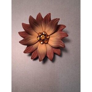 Vintage Enamel Flower Pin Topaz Rhinestones Large